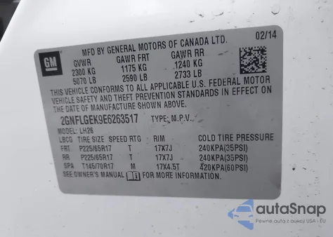 2014 Chevrolet Equinox 2Lt z USA, uszkodzony, nr VIN 2GNFLGEK9E6263517